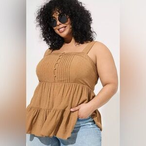 Torrid Swiss Dot Washable Gauze Tiered Pin Tuck Tank Size M/10 Tobacco Brown